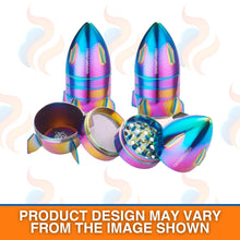 Colourful rocket-shaped grinder with open compartments on a white background