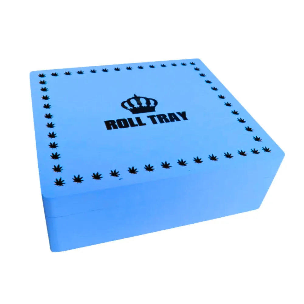 Blue large wooden box with "Roll Tray" branding on a white background