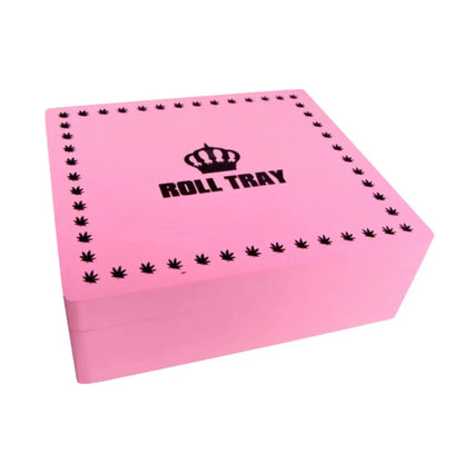 Pink large wooden box with "Roll Tray" branding on a white background