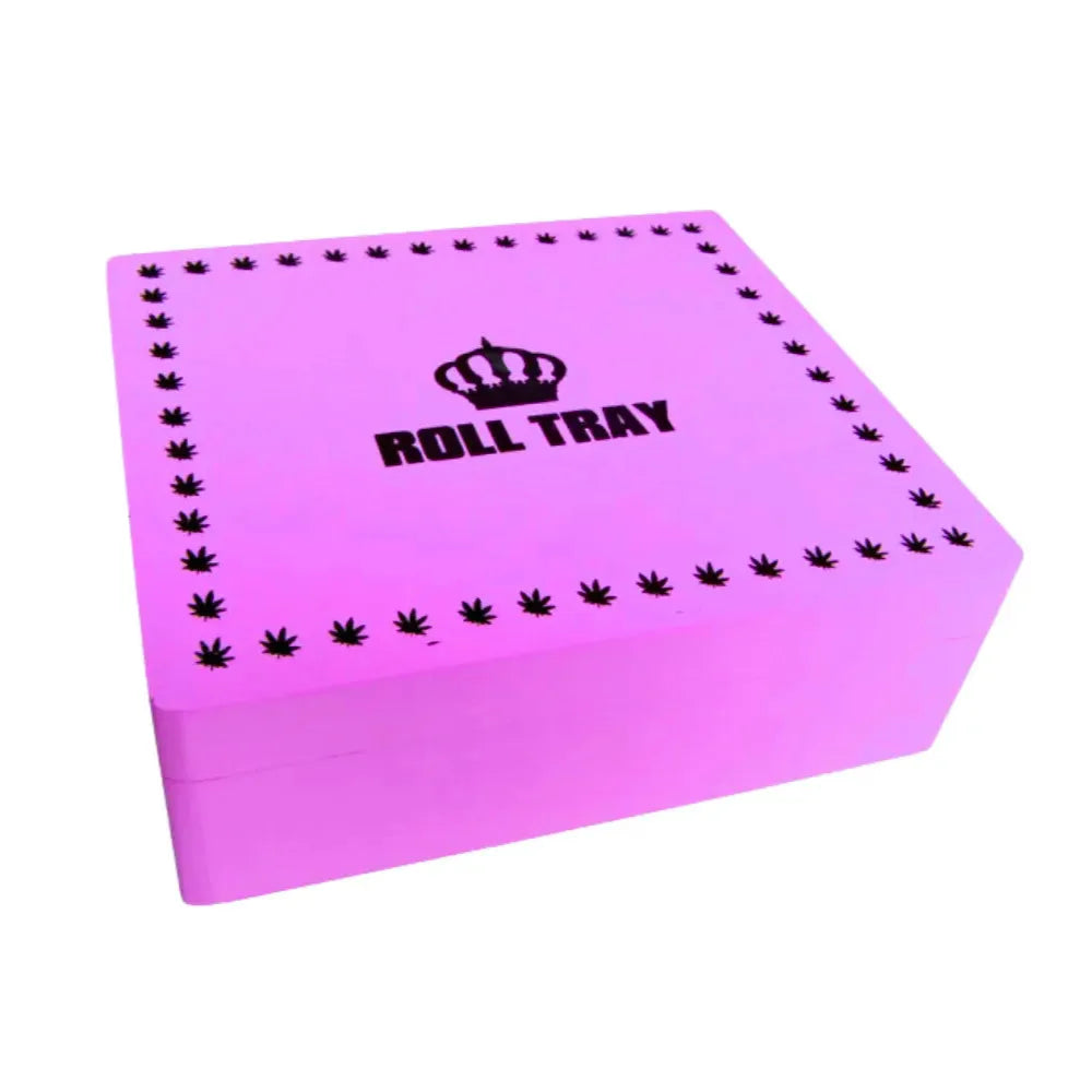 Purple large wooden box with "Roll Tray" branding on a white background
