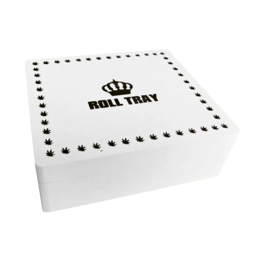 White large wooden box with "Roll Tray" branding on a white background