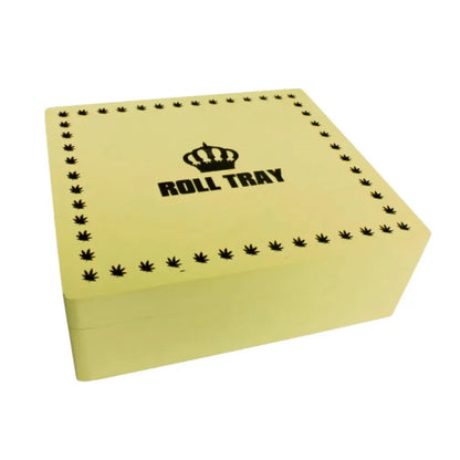 Natural-wood large wooden box with "Roll Tray" branding on a white background