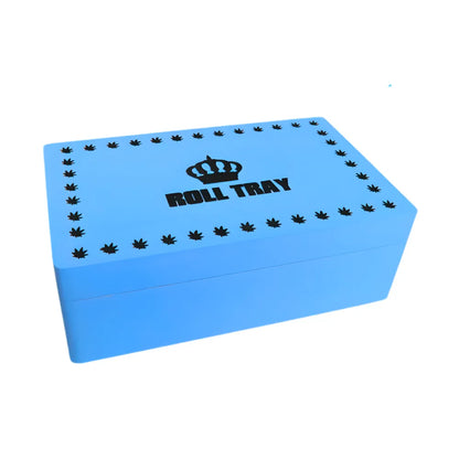 Blue medium-size wooden box with "Roll Tray" branding on a white background