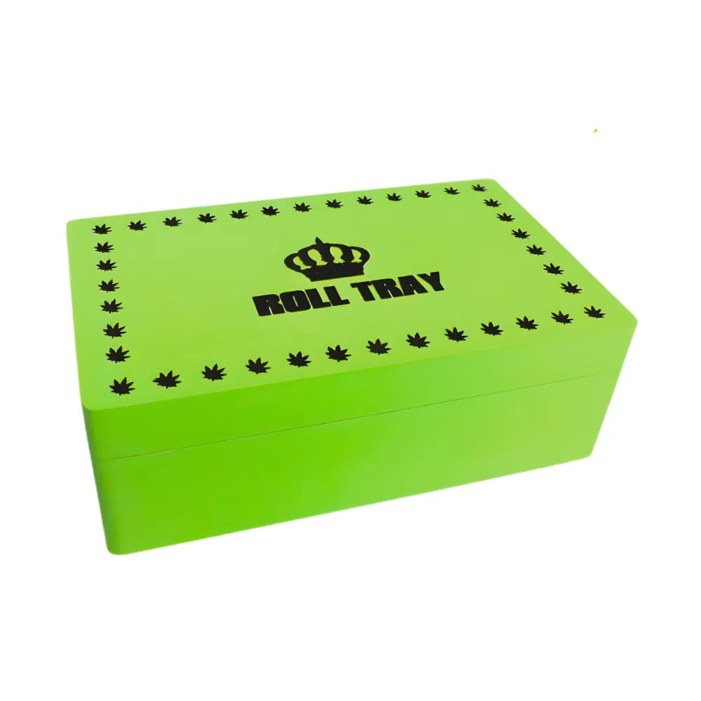 Green medium-size wooden box with "Roll Tray" branding on a white background