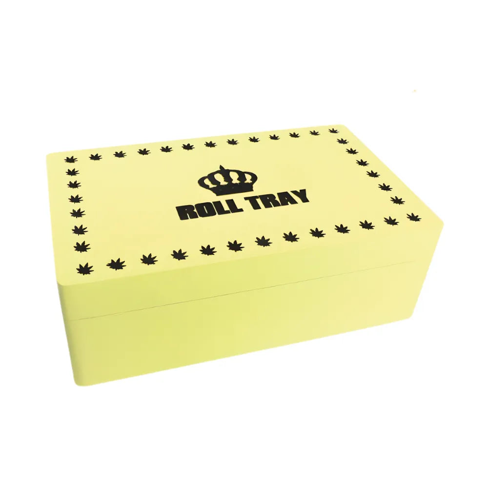 Natural-wood medium-size wooden box with "Roll Tray" branding on a white background