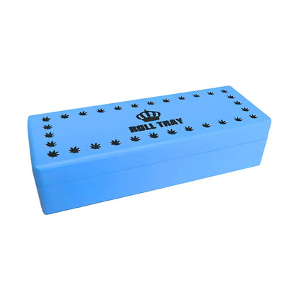 Blue small wooden box with "Roll Tray" branding on a white background