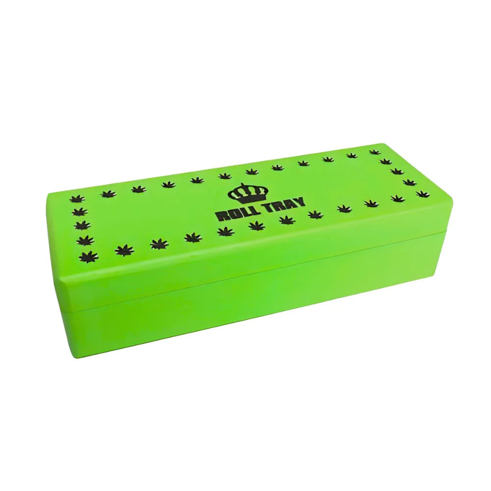 Green small wooden box with "Roll Tray" branding on a white background