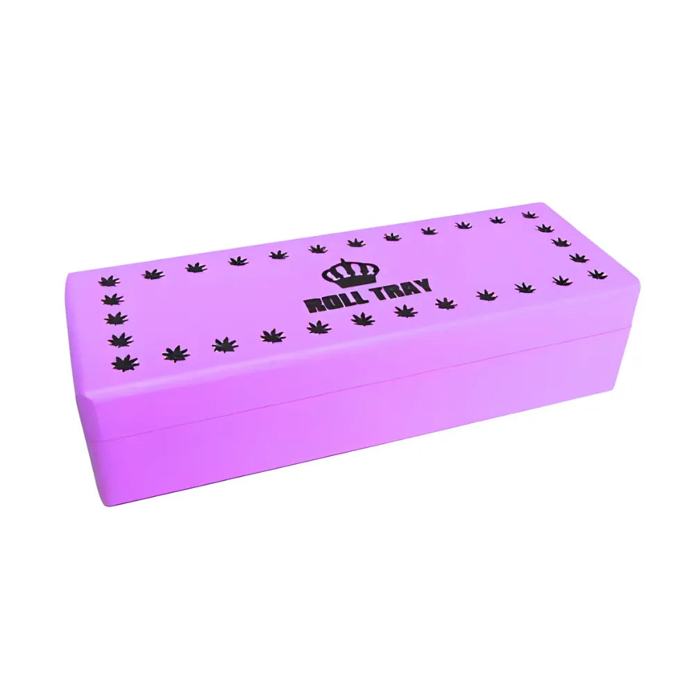 Purple small wooden box with "Roll Tray" branding on a white background
