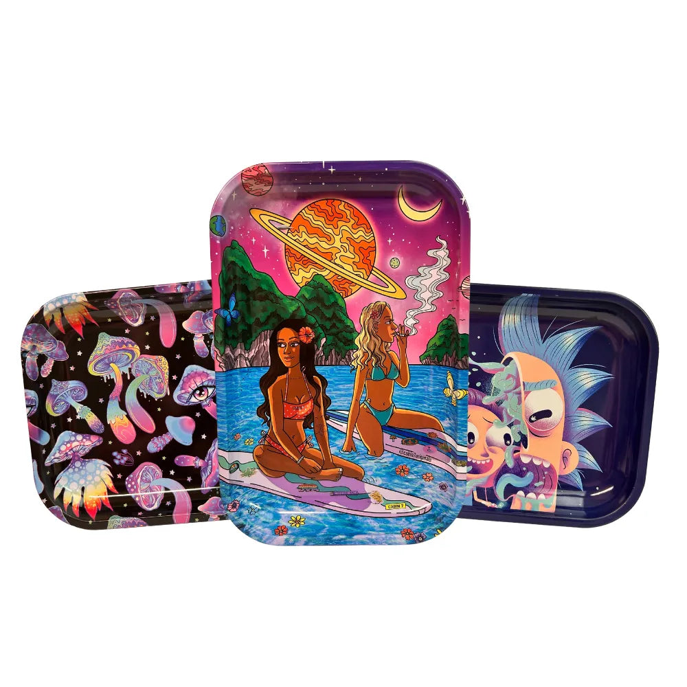 Three colourful trays with artistic designs on a white background