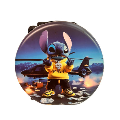 Round smoking gift set bag with cartoon character in a yellow jacket and helicopter in the background