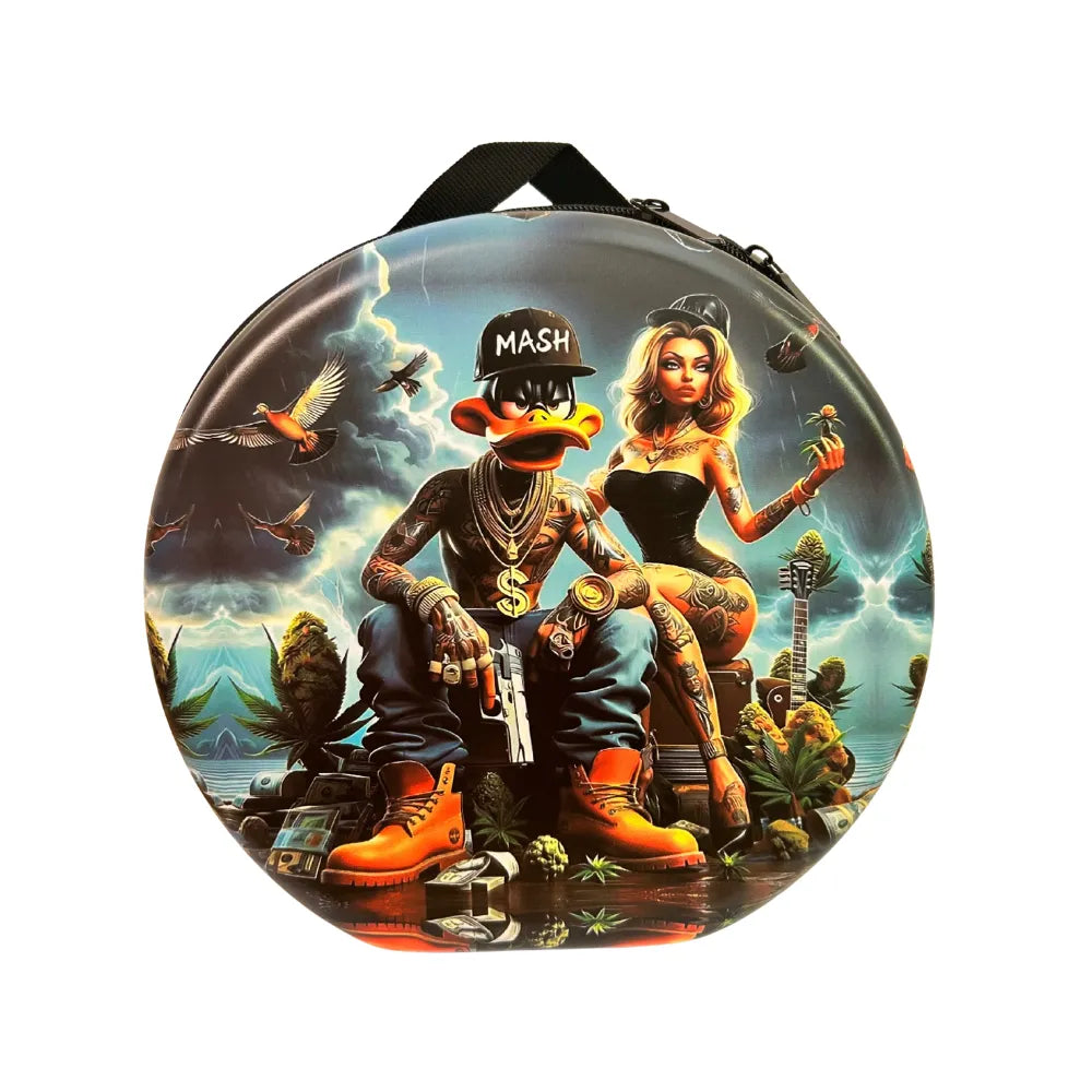 Round smoking gift set bag with a stylized illustration of a duck and a woman on a white background