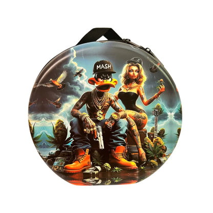 Round smoking gift set bag with a stylized illustration of a duck and a woman on a white background