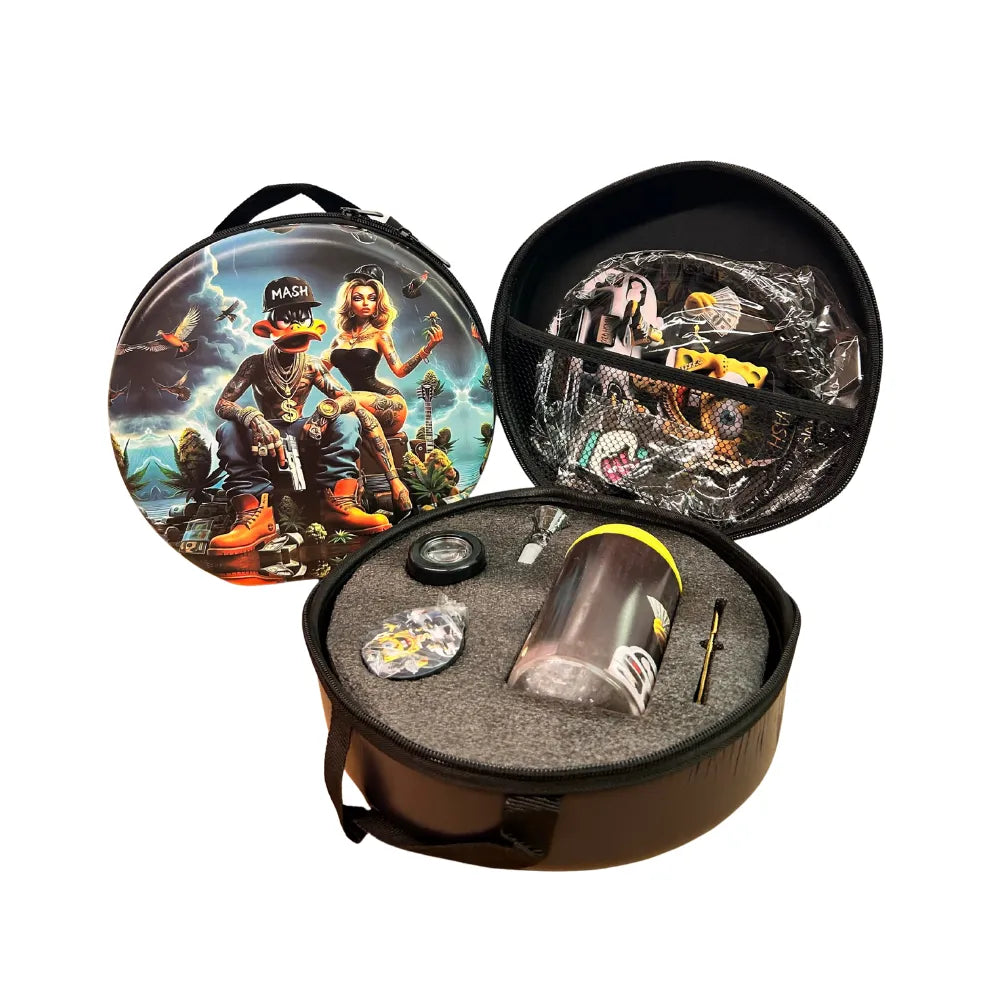 Round black smoking case with colourful design on lid, containing various items inside.
