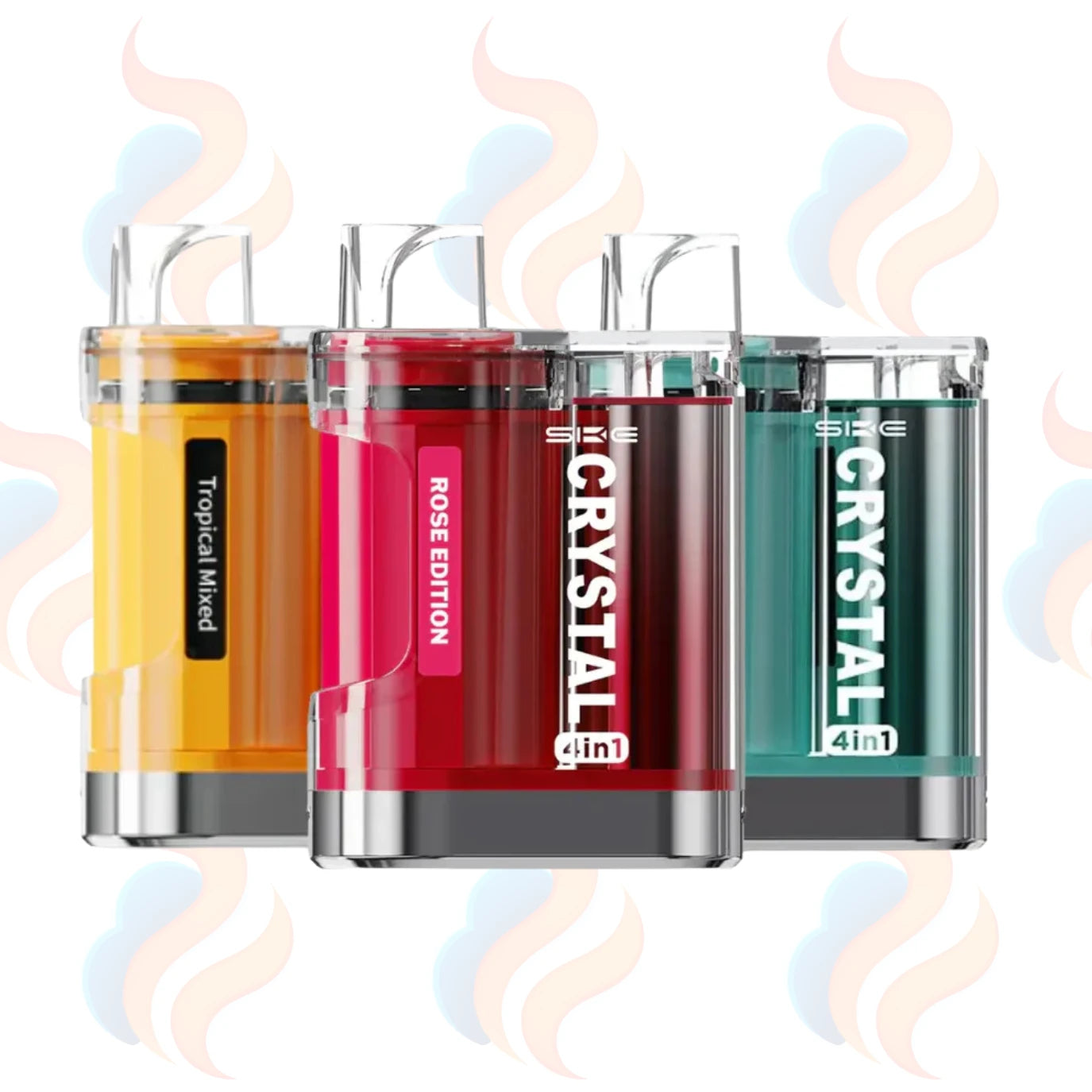 Three colourful vape devices with 'SKE Crystal' branding on a white background