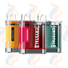 Three colourful vape devices with 'SKE Crystal' branding on a white background