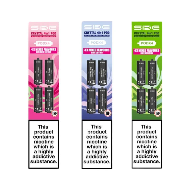 Three SKE vape pod packages with colorful designs on a white background.