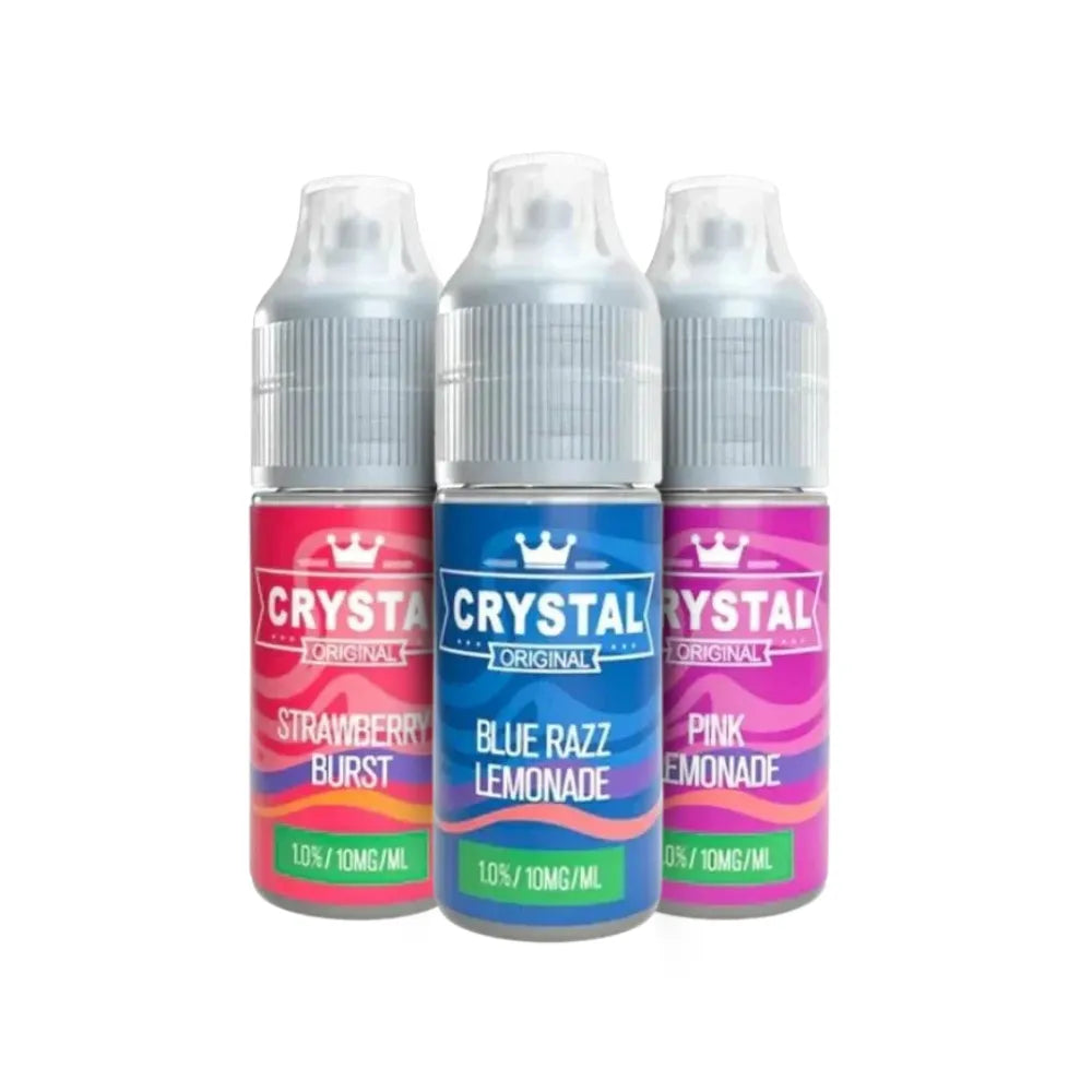 Three bottles of ske Crystal vape juice with colourful labels on a white background