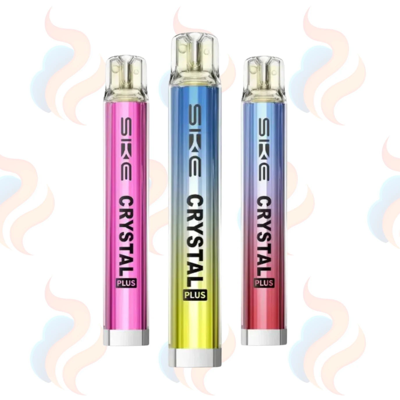Three SKE Crystal Plus vape devices in pink, blue, and red on a white background with UK Vape Supply Logo