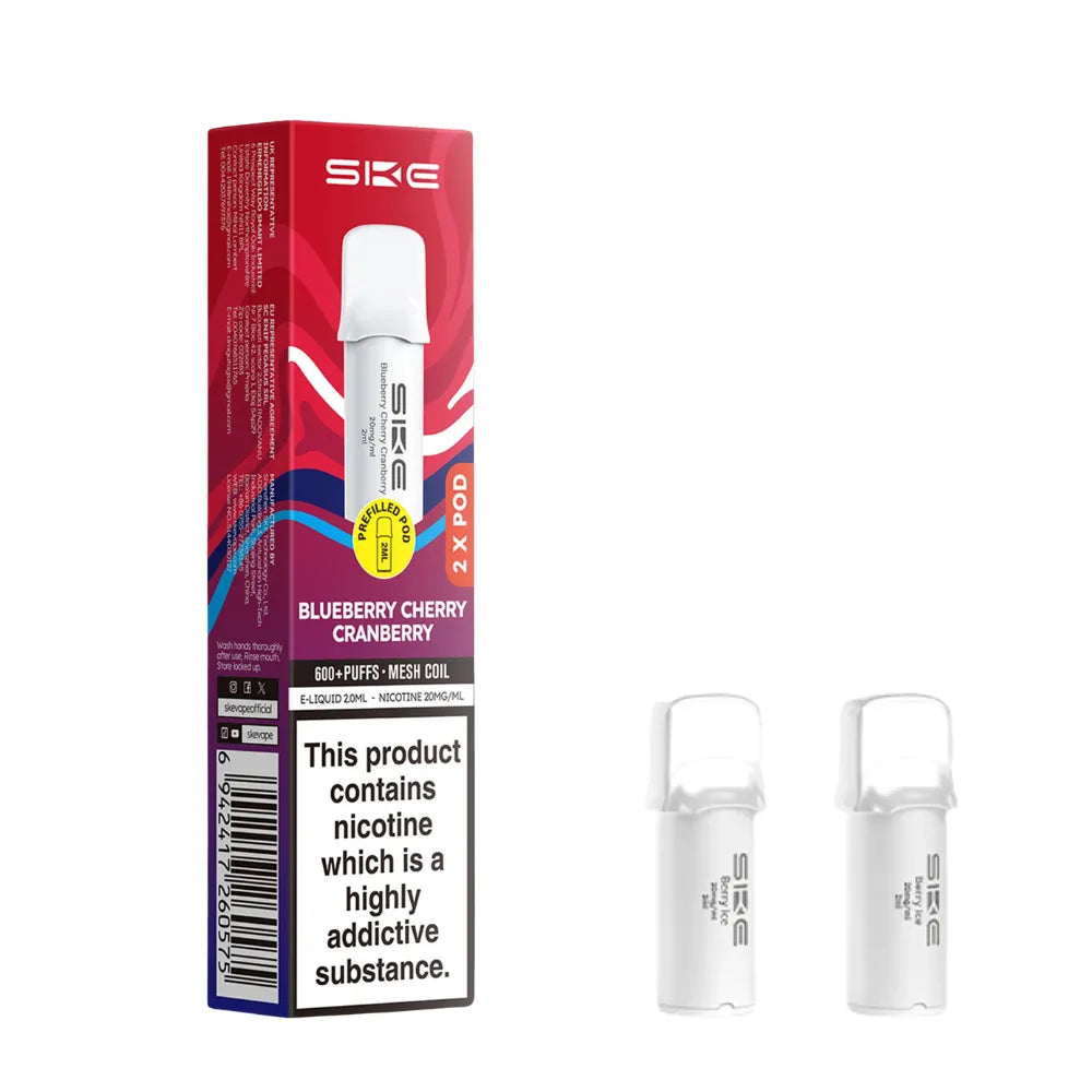 SKE pro 600 vape pod and packaging with blueberry cherry cranberry flavor on a white background