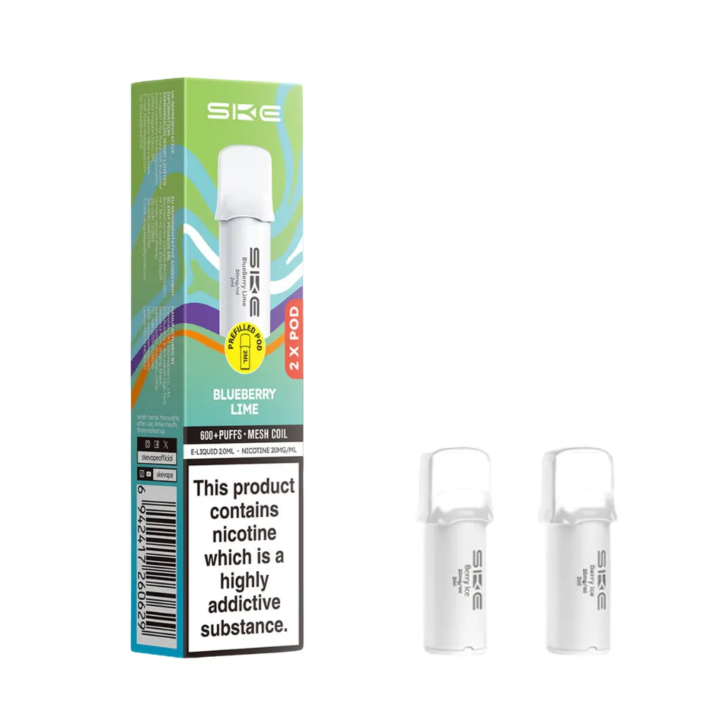 SKE pro 600 vape pod and packaging with blueberry lime flavor on a white background