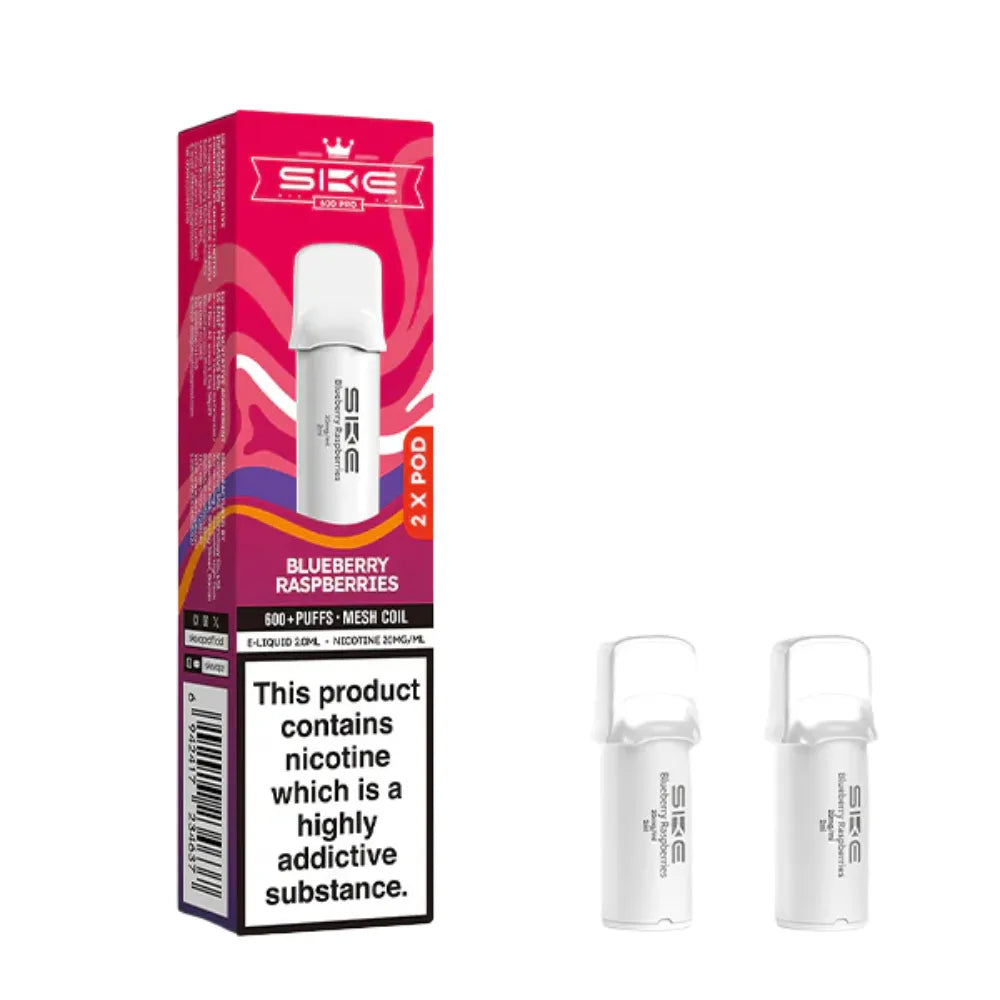 SKE pro 600 vape pods blueberry raspberries and packaging on a white background