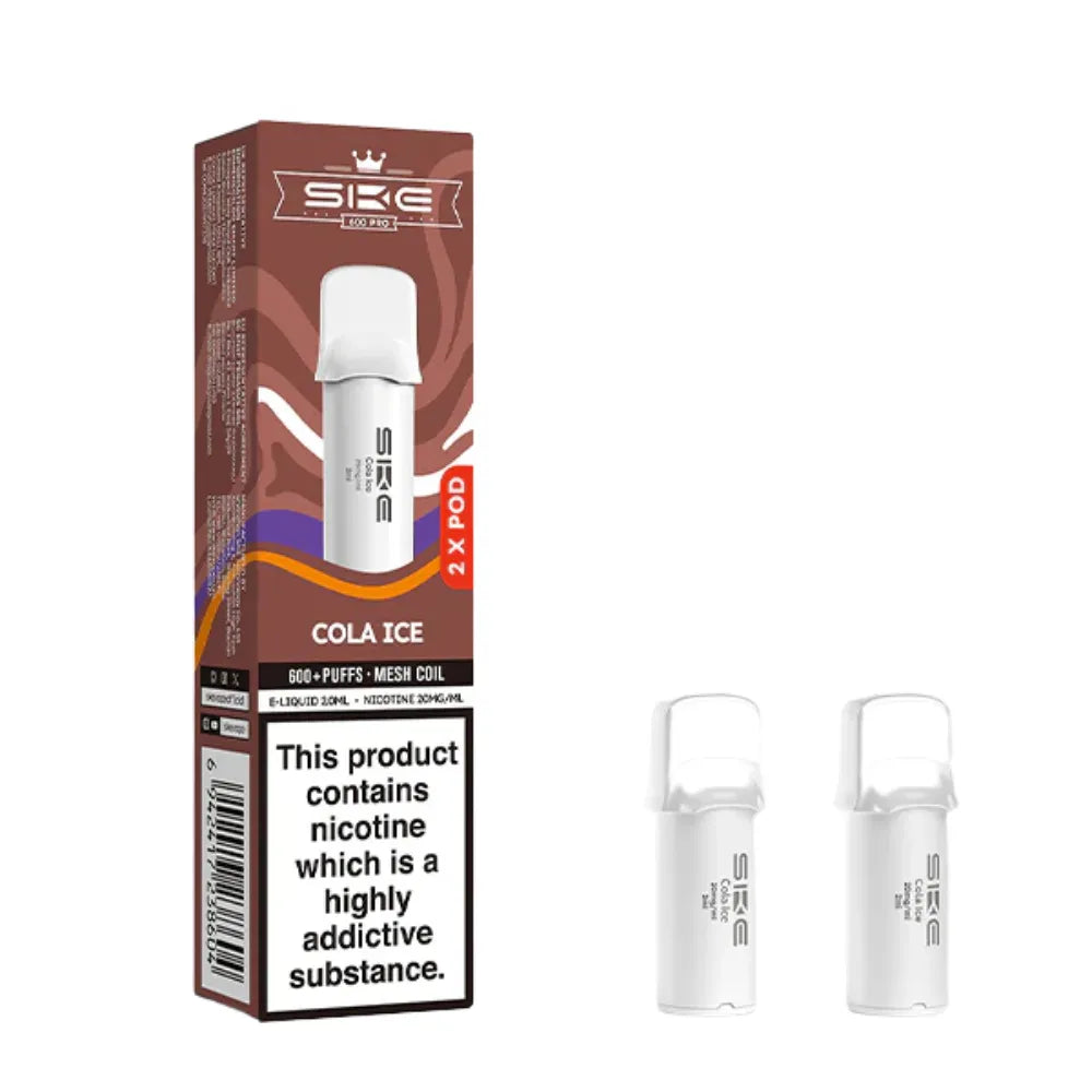 SKE pro 600 Cola Ice vape pod packaging with two clear vape pods on a white background