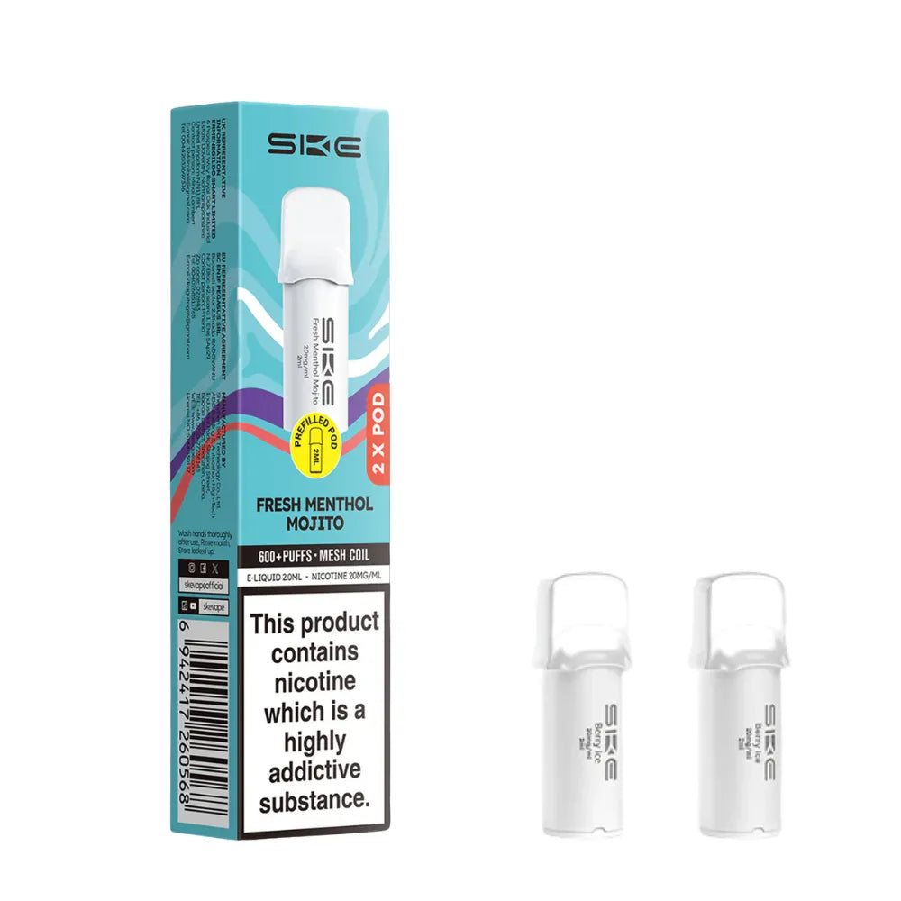 SKE pro 600 vape pods Fresh Menthol Mojito and packaging on a white background