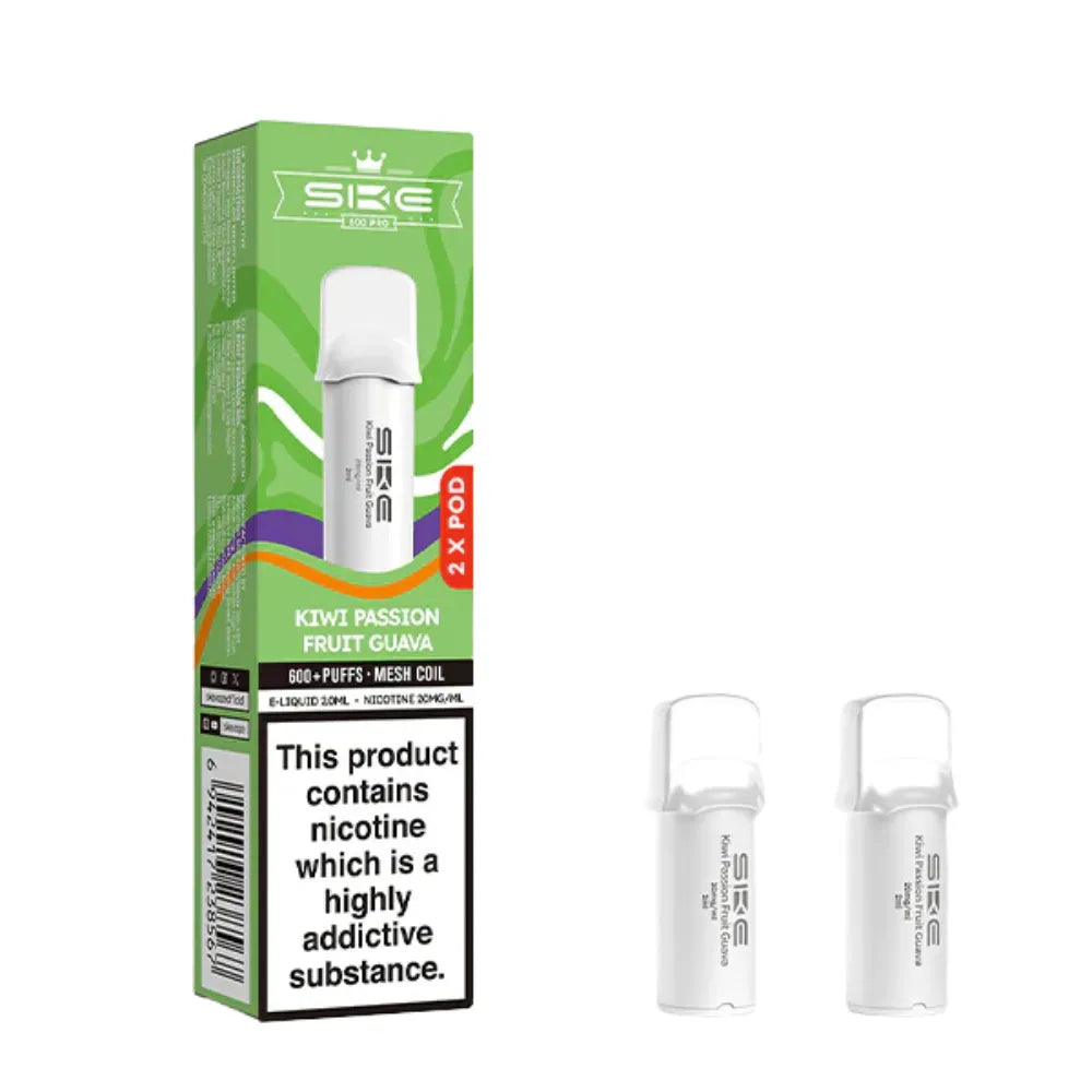SKE pro 600 vape pods Kiwi Passionfruit Guava and packaging on a white background