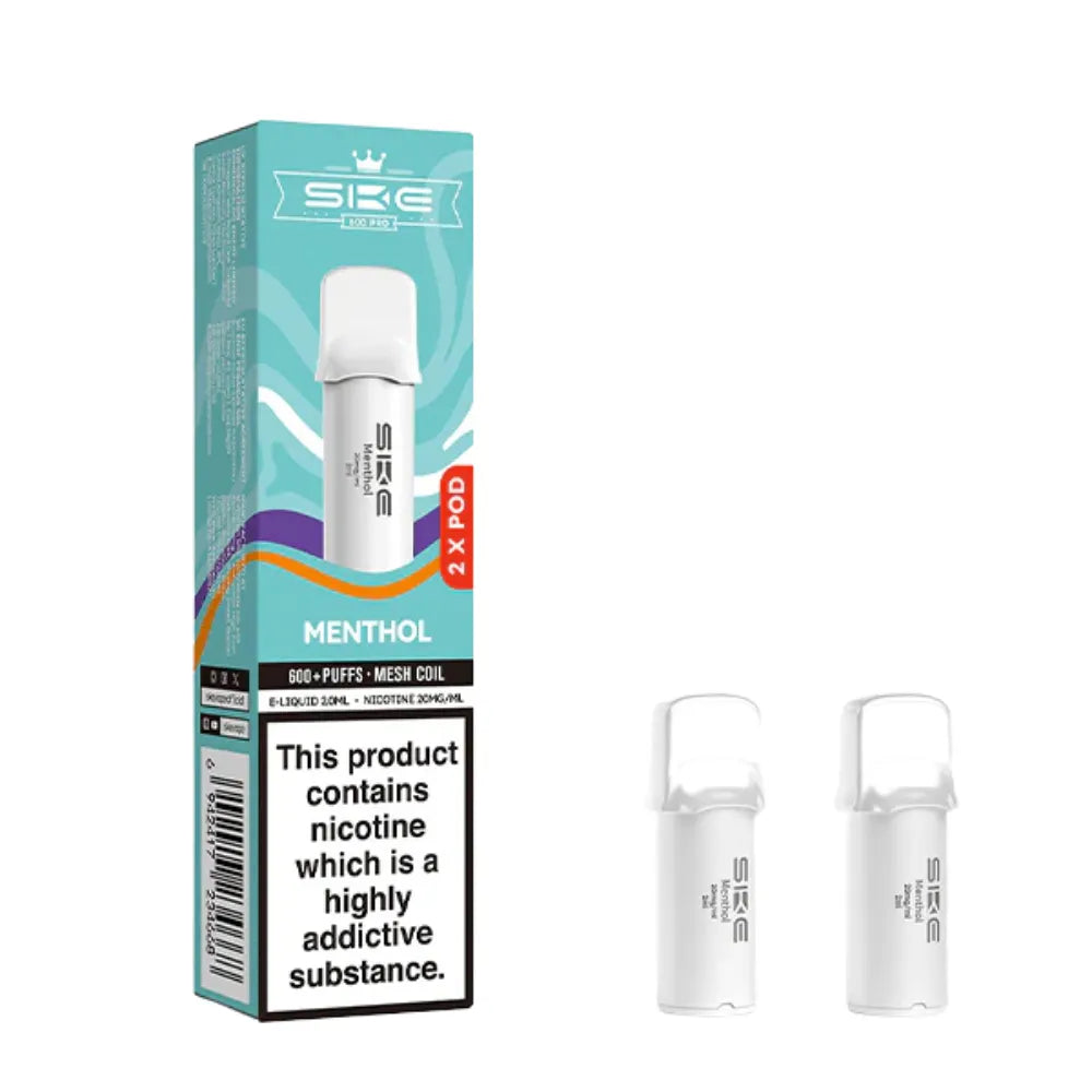 SKE pro 600 vape pods menthol and packaging on a white background