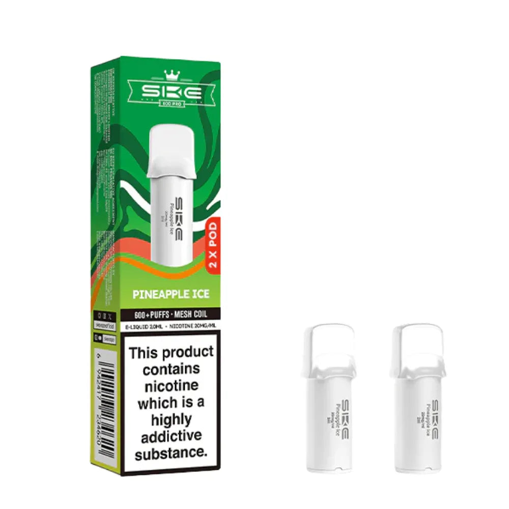 SKE pro 600 Pineapple Ice vape pod packaging with two clear vape pods on a white background