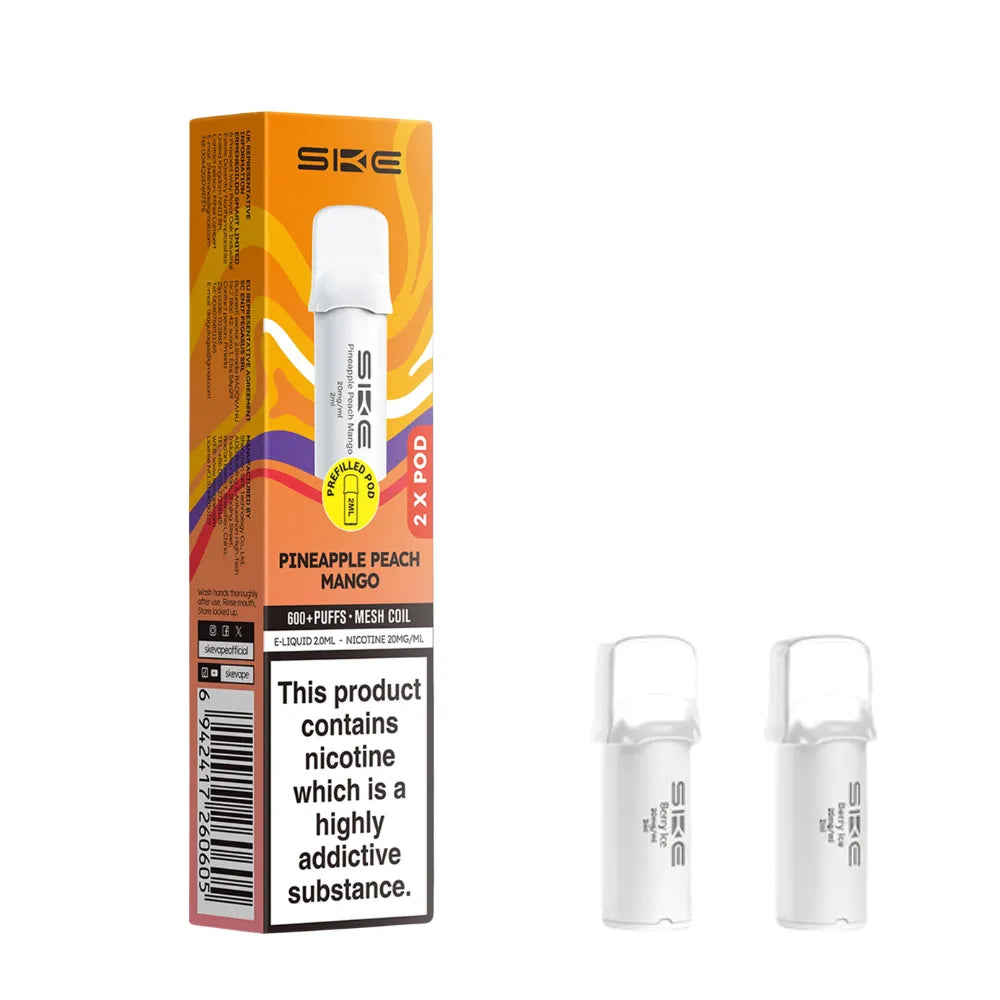 SKE pro 600 vape pods Pineapple Peach Mango and packaging on a white background