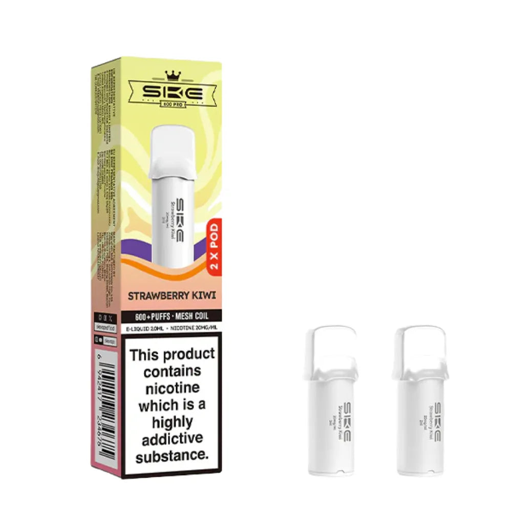 SKE pro 600 vape pods Strawberry Kiwi and packaging on a white background