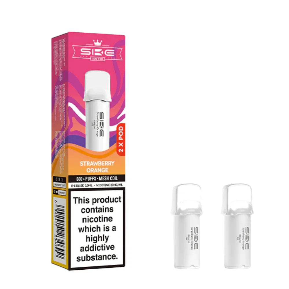 SKE pro 600 strawberry orange vape pod packaging with two clear vape pods on a white background