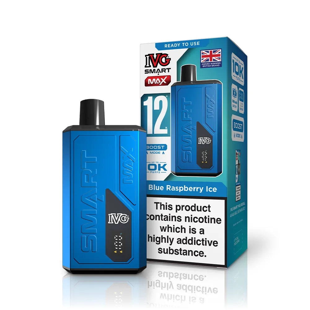 Blue IVG vape device and packaging on a white background
