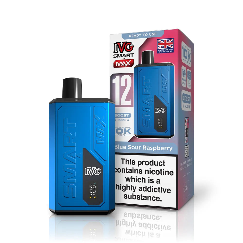 Blue IVG vaping device with packaging on a white background