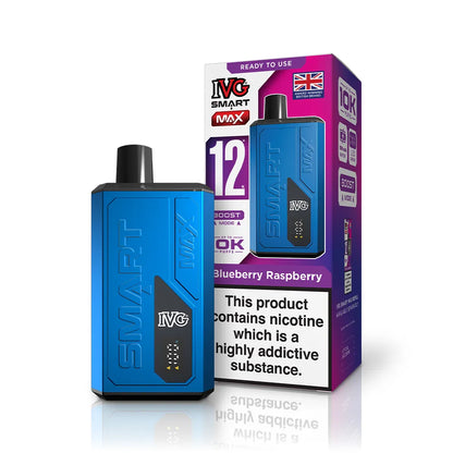 Blue vape device with IVG branding next to its packaging on a white background