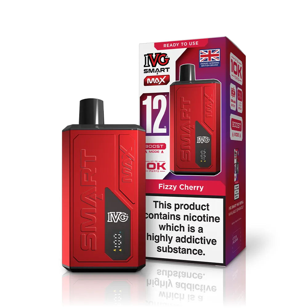 Red IVG vaping device and packaging on a white background