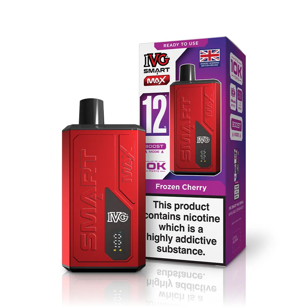 Red IVG vaping device and packaging on a white background