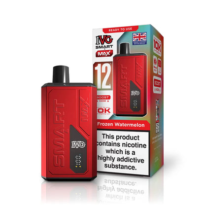 Red IVG vape device with packaging on a white background
