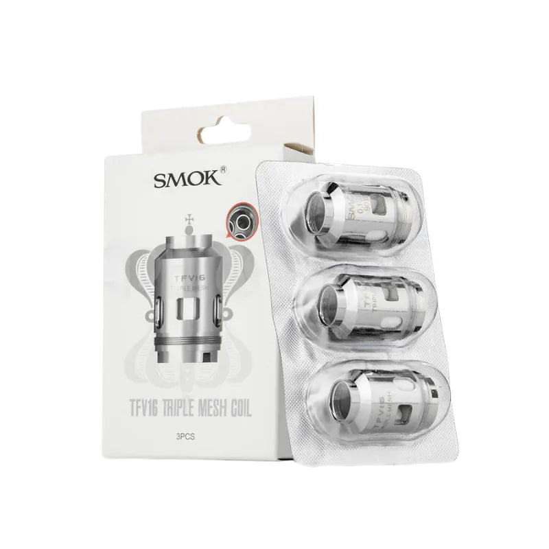 Smok TFV16 Triple Mesh Coil pakc with 3 coils on a white background