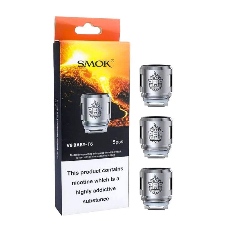 SMOK V8 BABY-T6 vaping coils packaging with three coils on a white background