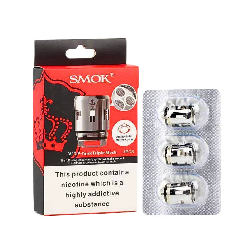 SMOK V12 P-Tank Triple Mesh vaping product packaging with red box and silver coils on a white background.