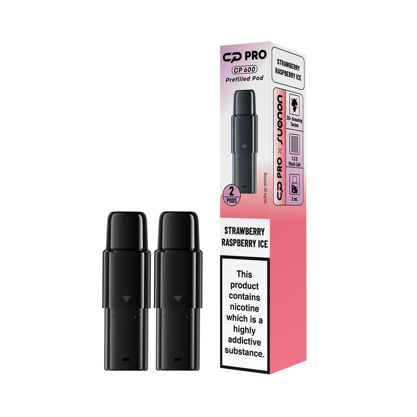 Two Suonon x CP Pro CP600 vape pods in strawberry raspberry ice flavour with packaging on a white background