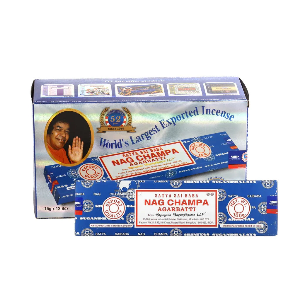 Box of 12pcs Nag Champa incense sticks in the scent "Agarbatti" with branding on a white background