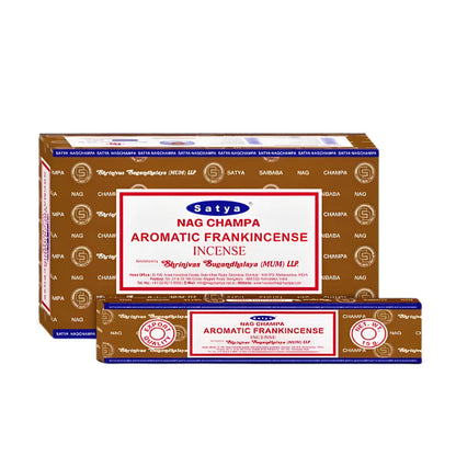 Box of 12pcs Nag Champa incense sticks in the scent "Aromatic Frankincense" with branding on a white background