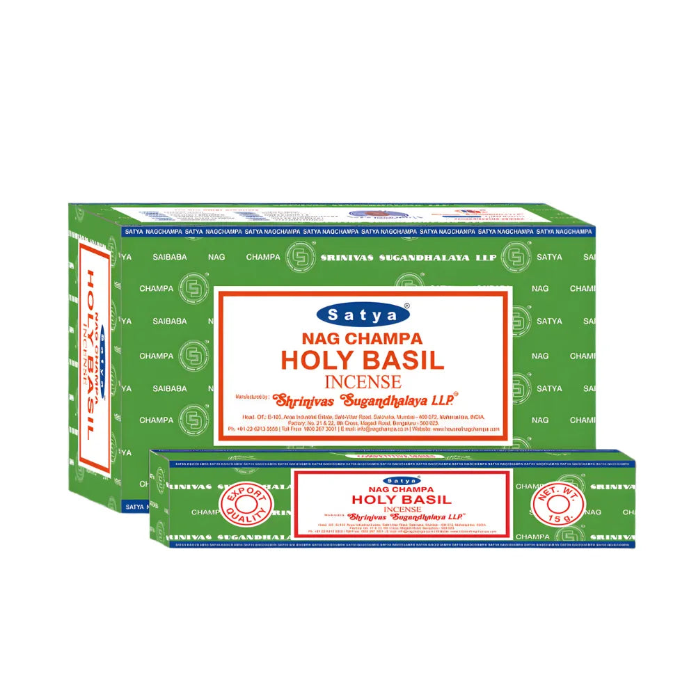 Box of 12pcs Nag Champa incense sticks in the scent "Holy Basil" with branding on a white background