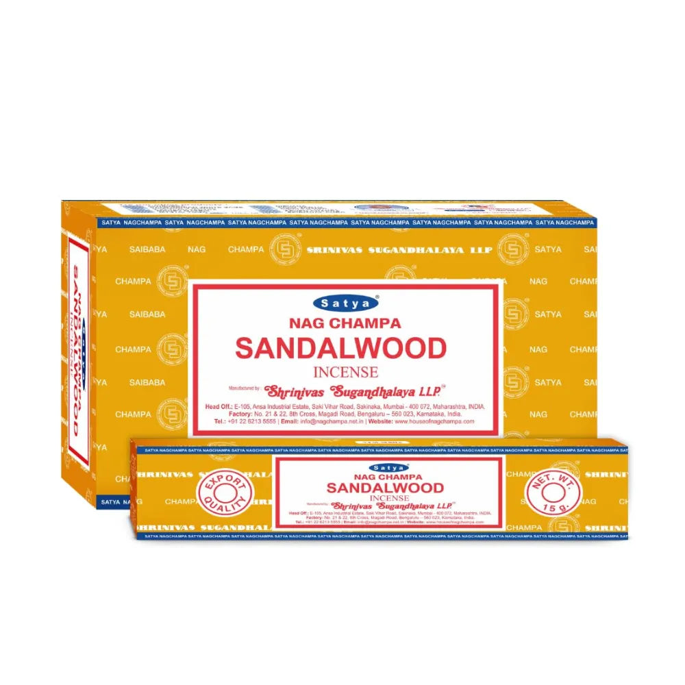 Box of 12pcs Nag Champa incense sticks in the scent "Sandalwood" with branding on a white background