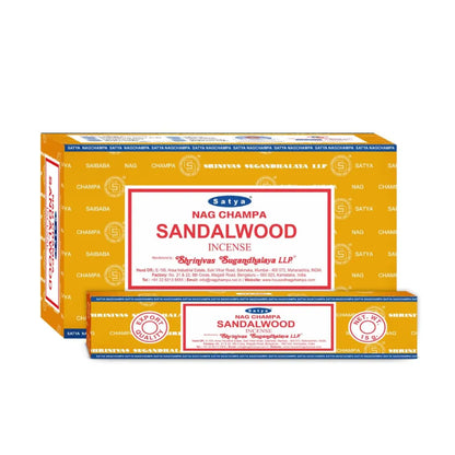 Box of 12pcs Nag Champa incense sticks in the scent "Sandalwood" with branding on a white background