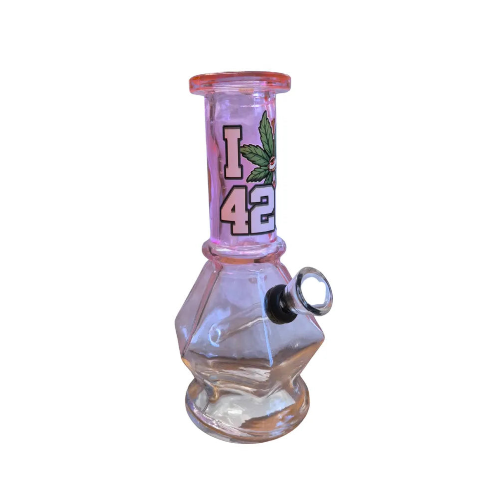 Glass water pipe with pink top and 'I 420' text on a white background