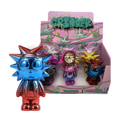 metallic rick character grinder in front of a display box with grinder branding.